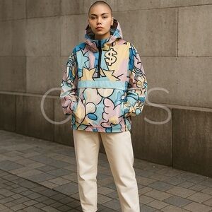 REASON POP ART NEO WORLD Hooded 1/2 Zip Anorak Windbreaker Y2K Jacket Small